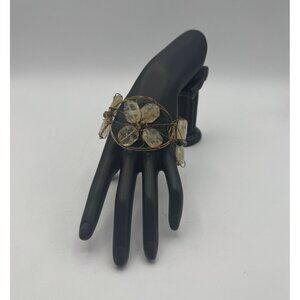 Gold Wire Wrapped Floral Bracelet W/ Clear Gemstone Petals & Adjustable Chain Cl